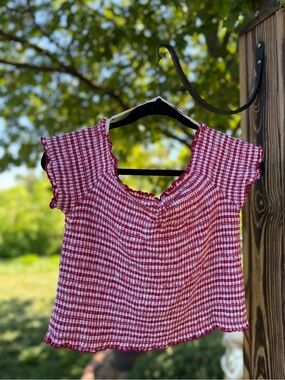 Urban Outfitters Red Gingham Smocked Short Sleeve Top XL